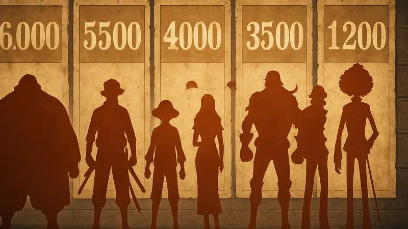 Члены команды Соломенной Шляпы из One Piece с цифрами наград за их головы, стилизованные под постеры розыска.