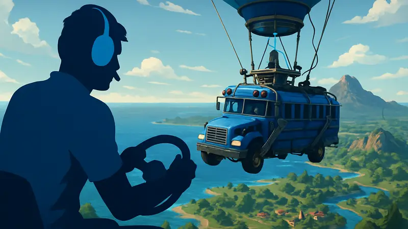 Игрок Fortnite управляет Боевым автобусом, летящим над островом.