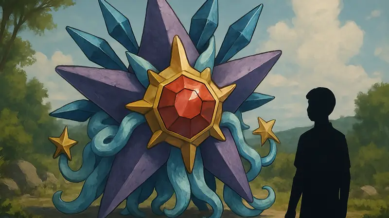 Изображение фанатского дизайна Mega Starmie с новыми элементами, демонстрирующее его необычный вид.