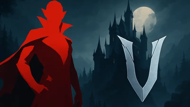 Вампир-персонаж из V Rising и логотип игры.