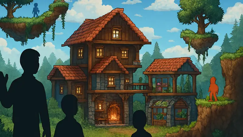 Скриншот из Terraria с построенными структурами и персонажами