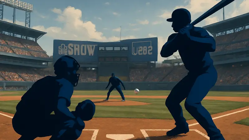 Скриншот игры MLB The Show 26 с динамичным моментом бейсбольного матча на стадионе. Новые фичи.