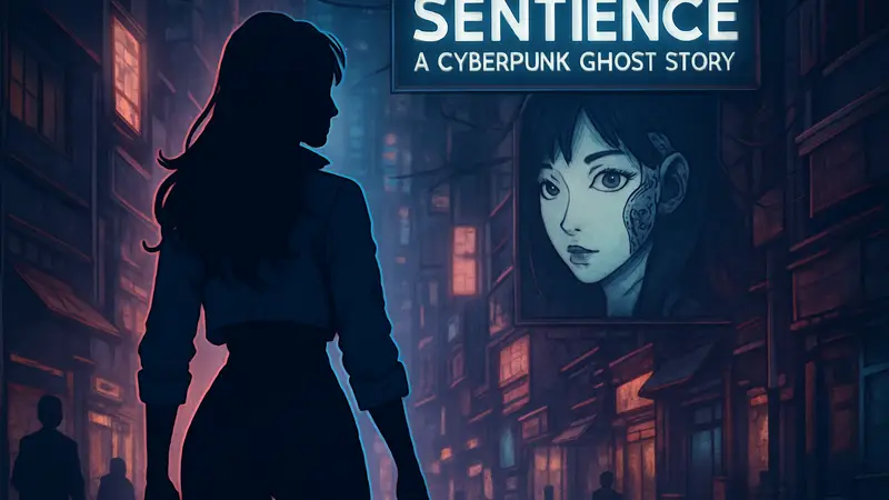 Обложка научно-фантастической игры Sentience: A Cyberpunk Ghost Story, доступной бесплатно в Steam.