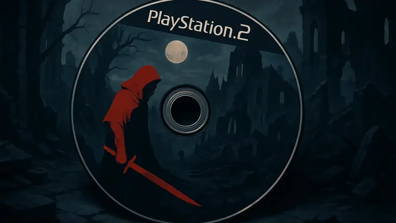 Изображение диска PlayStation 2 с обложкой мрачной JRPG, символизирующей тёмный сюжет и атмосферу.