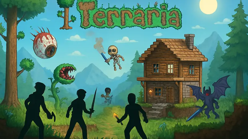 Обложка игры Terraria с персонажами, монстрами и элементами строительства, символизирующая её долголетие и успех.