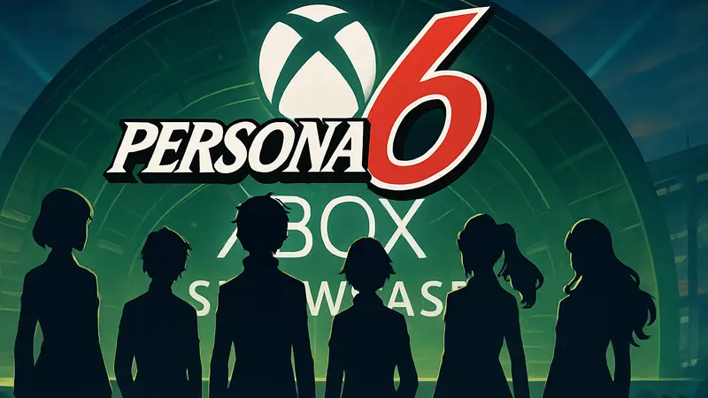 Логотип Persona 6 на фоне символики Xbox Showcase, иллюстрация персонажей серии Persona в стиле аниме.