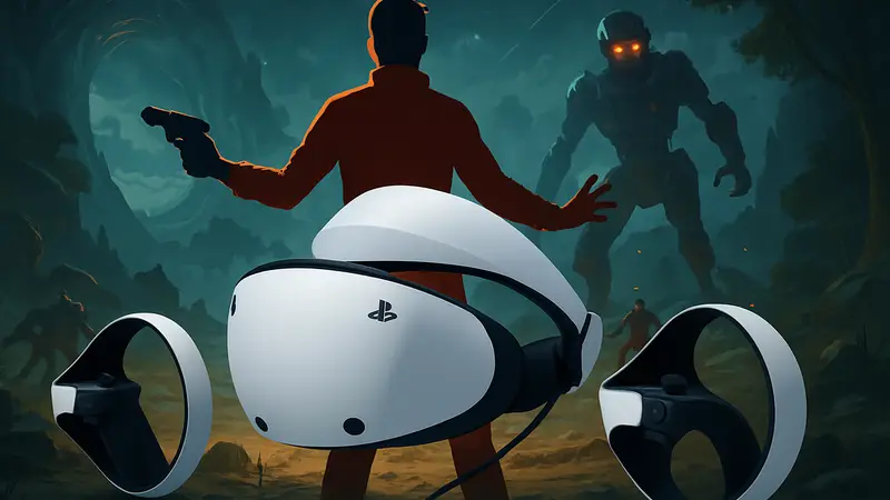 Шлем PlayStation VR2 с контроллерами, на фоне новой видеоигры в виртуальной реальности.