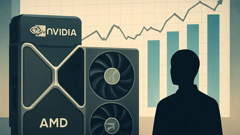 Графический процессор Nvidia и AMD на фоне диаграммы рынка GPU, показывающей стабильные поставки.