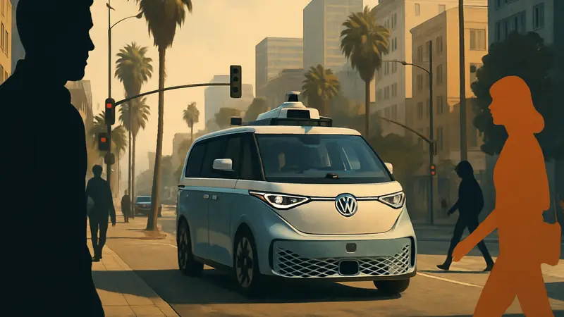 Беспилотный микроавтобус Volkswagen ID Buzz на улице Лос-Анджелеса.