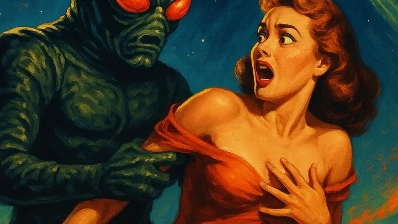 Постер или кадр из научно-фантастического фильма 1950-х годов «Я вышла замуж за монстра с другой планеты», стилистика ретро Sci-Fi.