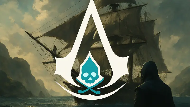 Логотип Assassin's Creed Black Flag Resynced на фоне пиратского корабля.