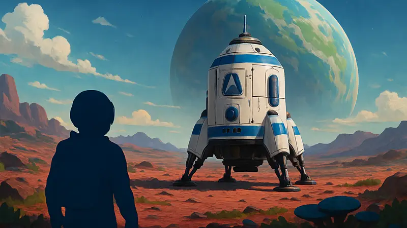 Космический корабль в Starseeker Astroneer Expeditions на фоне неизведанной планеты
