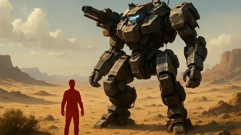 Мех A.T.A.G. в игре Crimson Desert на фоне пустынного пейзажа