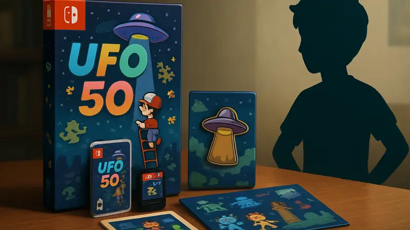 Изображение Fangamer's UFO 50 Deluxe Edition с коробкой игры и дополнительным коллекционным контентом для Nintendo Switch.