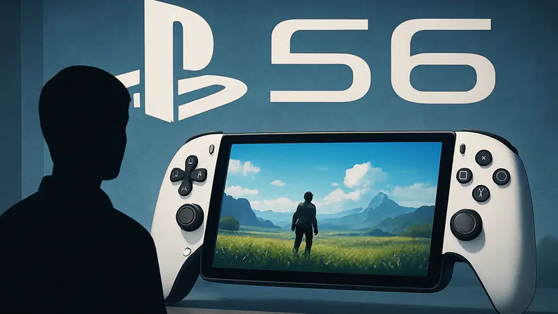 Концепт портативной консоли PlayStation Portal с OLED-экраном на фоне логотипа PlayStation 6.