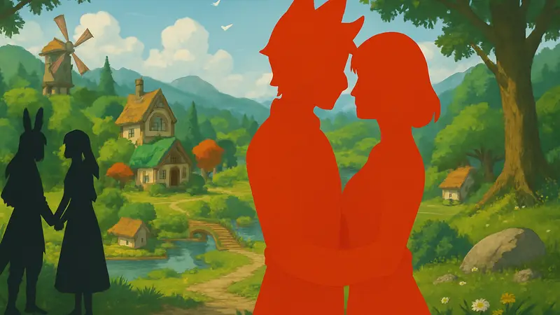 Персонажи Tales of Seikyu на фоне игрового мира, демонстрирующие романтические отношения