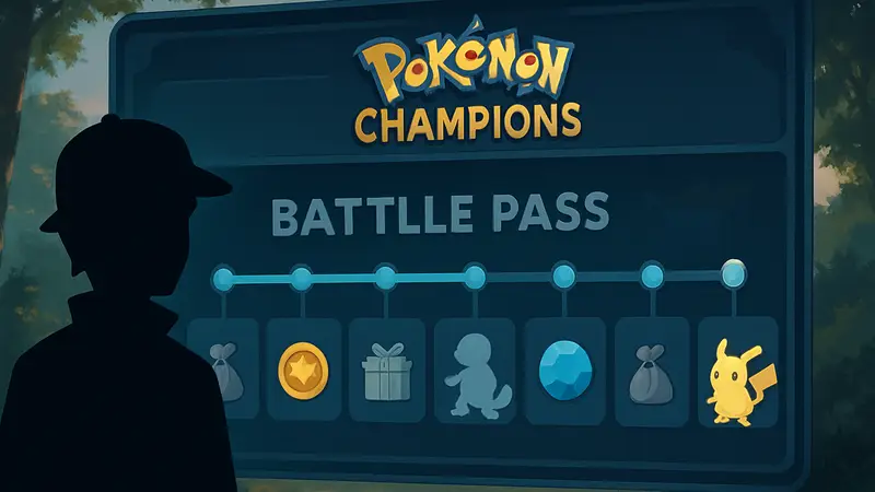 Изображение боевого пропуска Pokémon Champions с иконками наград и шкалой прогресса.