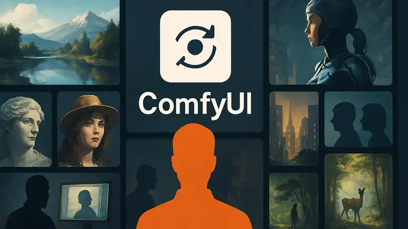 Логотип ComfyUI на фоне ИИ-изображений, символизирующий контроль над генерацией медиа.