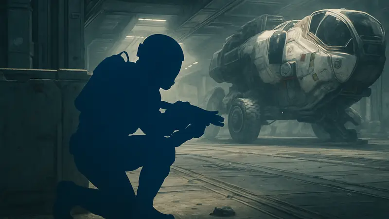 Персонаж Starfield приседает за укрытием, готовясь к стелс-атаке или скрытному перемещению.