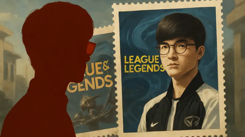 Портрет Ли «Faker» Сан Хёка с символикой League of Legends на корейских почтовых марках