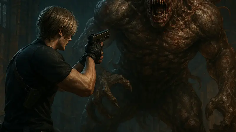 Кадр из геймплея Resident Evil Requiem, где Леон Кеннеди сражается с чудовищем