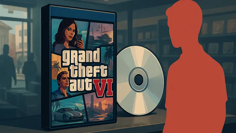 Коробка GTA 6 без диска и изображение диска рядом, слухи о физическом релизе GTA VI