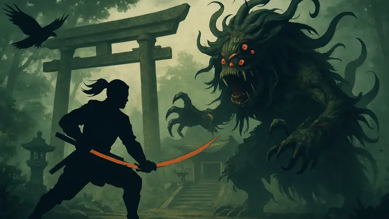 Nioh 3: Герой сражается с демоном Отороши в святилище, на фоне улетает ворон. Гайд по трофею.