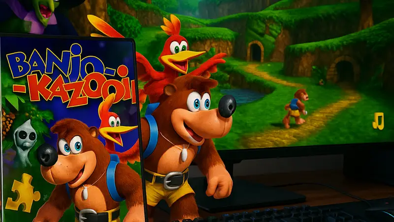 Обложка игры Banjo-Kazooie на фоне монитора с широкоформатным изображением и элементами управления ПК.