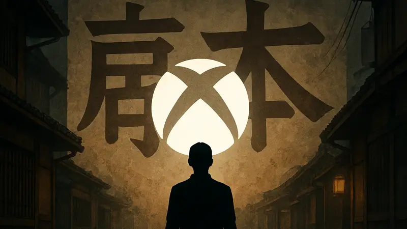 Логотип Xbox на фоне японских иероглифов, символизирующий проблему проникновения Xbox в Японию.