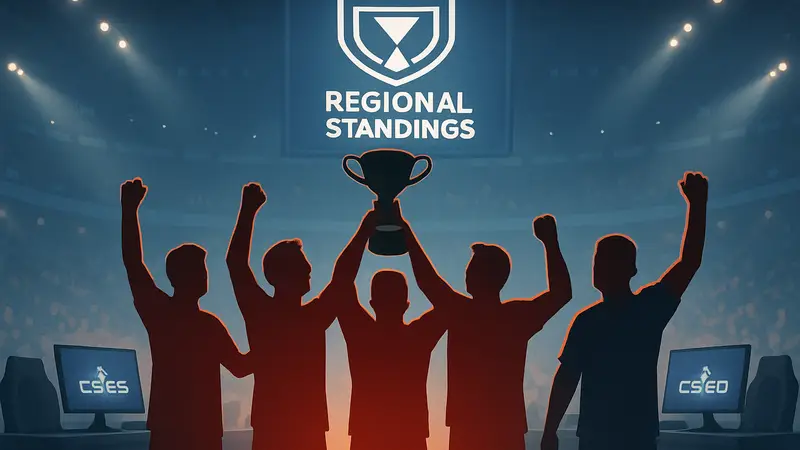Команда Parivision празднует победу на киберспортивном турнире по CS2, логотип Valve Regional Standings.