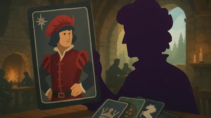 Карточка игры Reigns: The Witcher с изображением Лютика (Dandelion) и карт