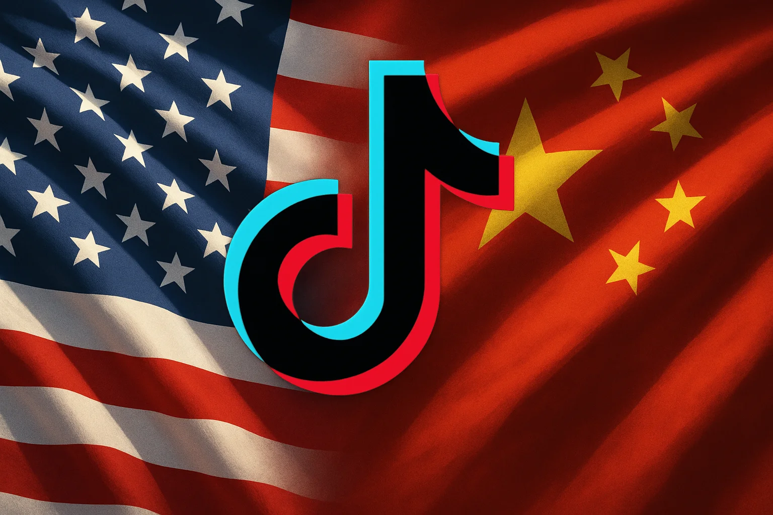 Логотип TikTok на фоне флагов США и Китая, символизирующий завершение международной сделки.