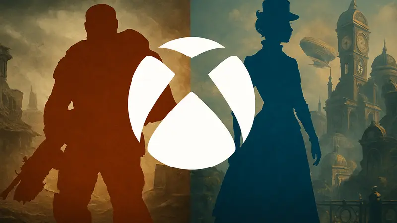 Логотип Xbox на фоне персонажей из Gears of War и Clockwork Revolution, символизирующий новые эксклюзивы.