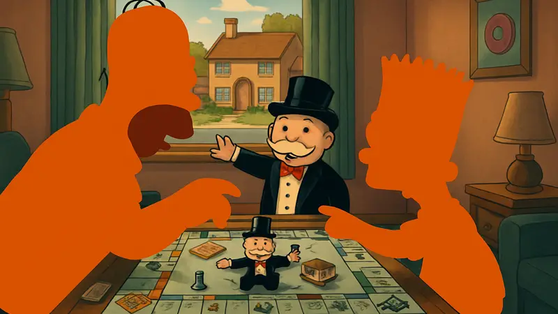 Изображение кроссовера Monopoly Go и «Симпсонов»: Гомер и Барт Симпсон играют в Монополию.