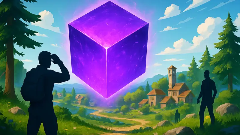 Изображение кубов Хаоса в Fortnite на фоне игровой локации, иллюстрация для гайда по поиску