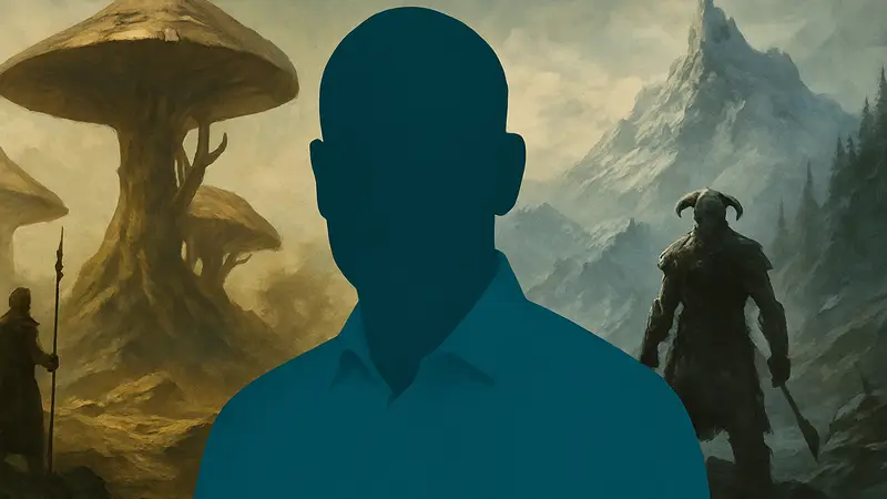 Пит Хайнс, бывший руководитель Bethesda, на фоне изображений Morrowind и Skyrim