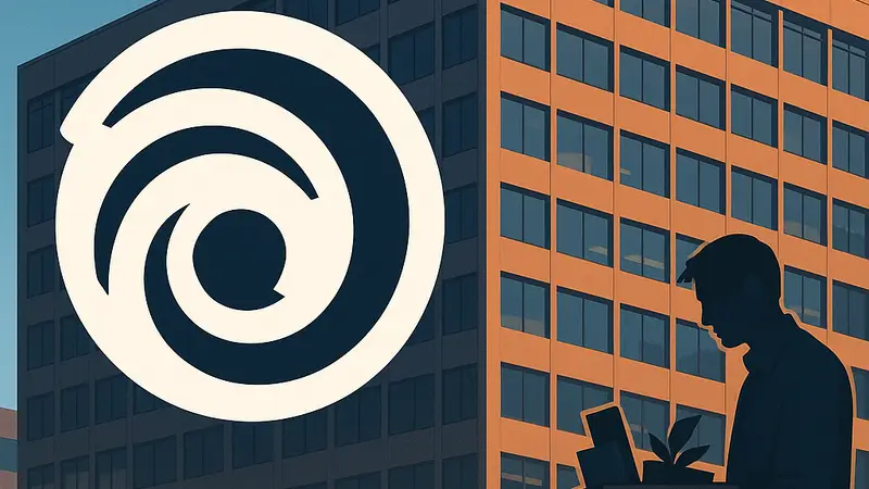 Логотип Ubisoft на фоне офисного здания, символизирующего увольнения и реструктуризацию компании.