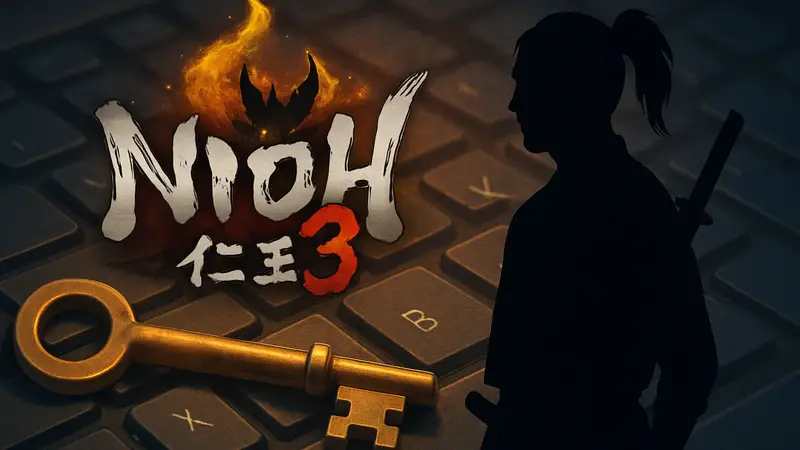 Логотип игры Nioh 3 на фоне Steam-ключа, лежащего на клавиатуре.