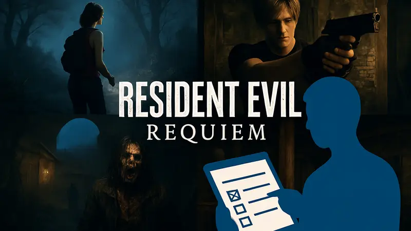 Логотип Resident Evil Requiem на фоне скриншотов из игры, опрос Capcom.