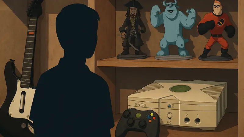 Изображение периферийных устройств Xbox, таких как гитара Rock Band и фигурки Disney Infinity.