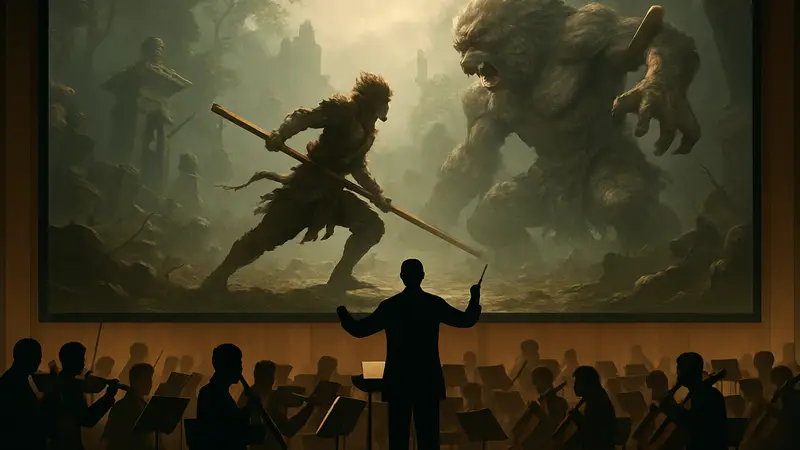 Оркестр исполняет музыку из игры Black Myth: Wukong на живом концерте, на заднем плане — кадры из игры.