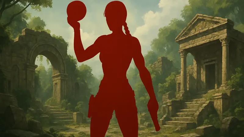 Лара Крофт в своем классическом образе на фоне древних руин, празднуя 30-летие Tomb Raider.