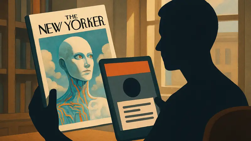 Журнал The New Yorker с иллюстрацией, сгенерированной ИИ, и критическая статья The Verge AI.