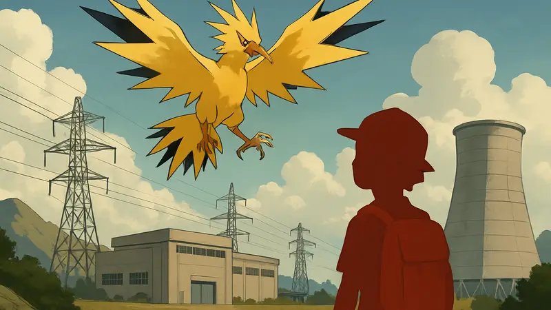 Легендарный покемон Запдос парит над Электростанцией в игре Pokemon FireRed.