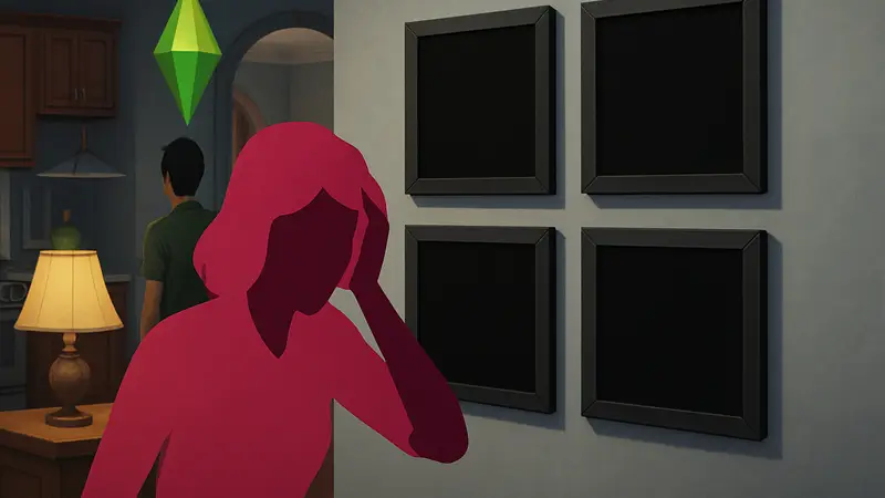 Чёрные фотографии в игре Sims 4, символизирующие баг и разочарование игроков.