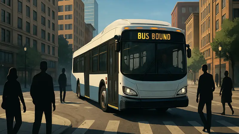 Скриншот из игры Bus Bound, где показан автобус, едущий по городским улицам.