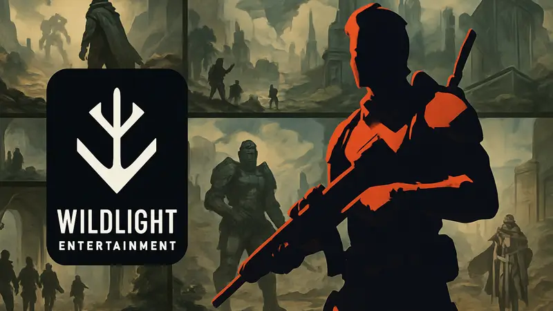Логотип Wildlight Entertainment и арт из шутера Highguard на фоне концепт-артов студии