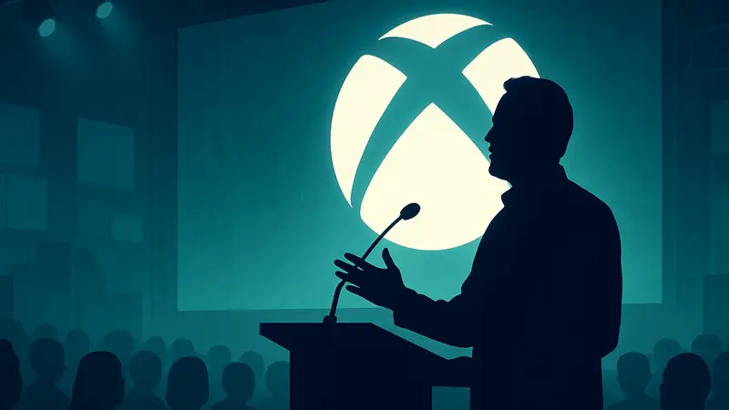Фил Спенсер, глава Xbox, на игровой конференции, логотип Xbox на заднем плане.
