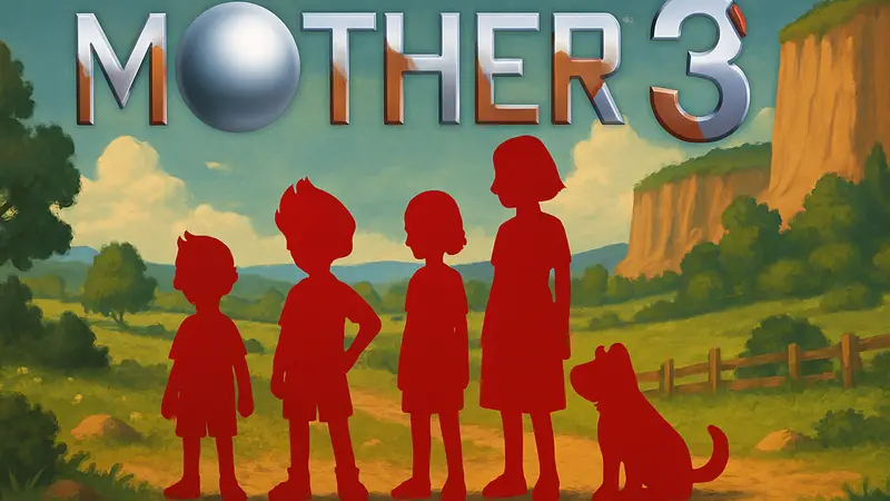 Обложка японской версии игры Mother 3 с персонажами на ярком фоне, логотип Nintendo.