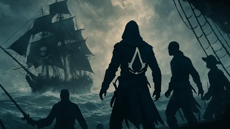 Арт из игры Assassin's Creed Black Flag с пиратами и кораблем в шторм.